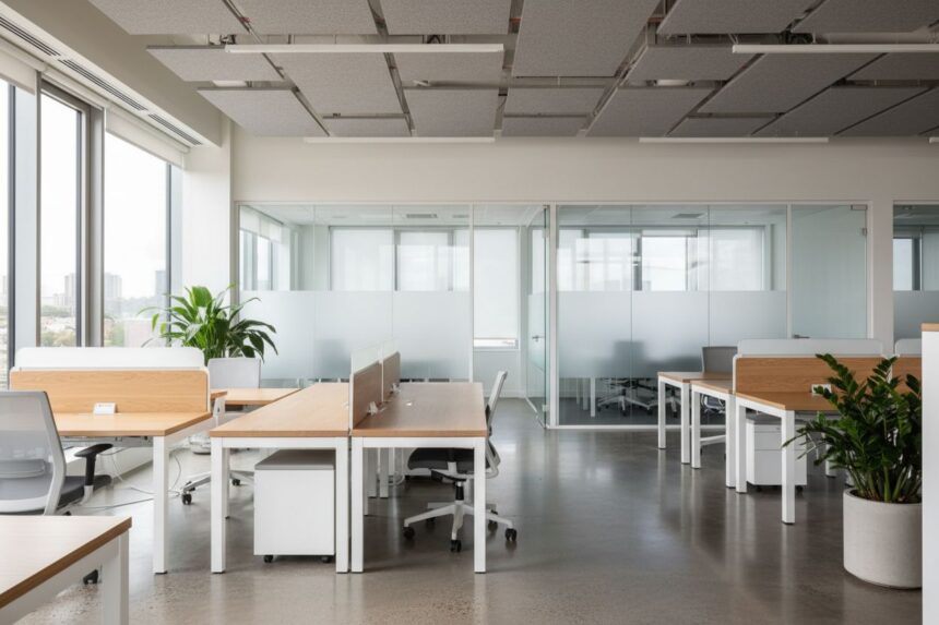bureaux modernes avec espaces de travail flexibles et collaboratifs