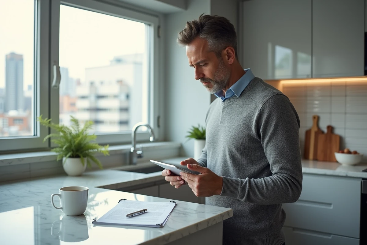 Homme consultant ses documents de location sur une tablette avec une erreur d'accès MyFoncia dans une cuisine moderne