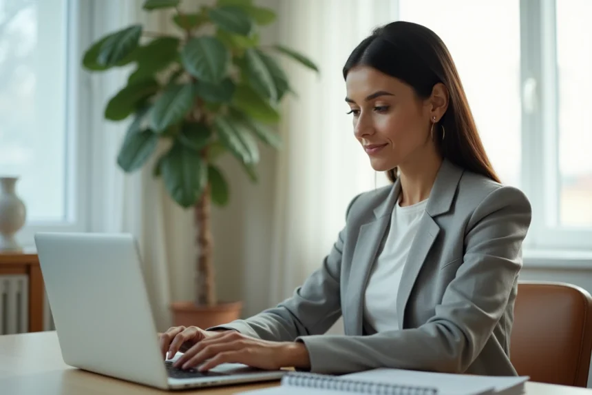 Femme accédant à son espace Myfoncia sur un ordinateur portable depuis son bureau à domicile