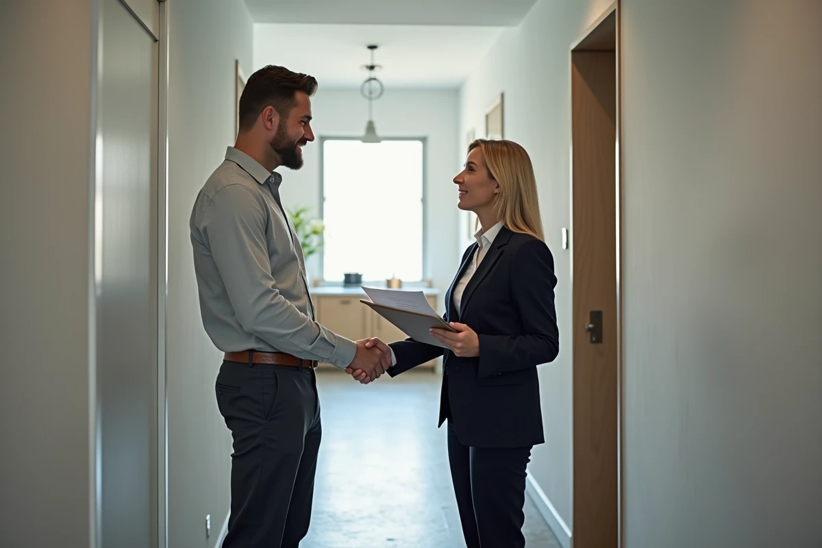 Propriétaire et responsable de production signant un accord pour tournage dans un appartement