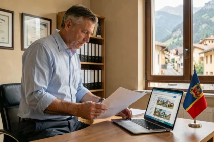 Résident français examinant des documents immobiliers dans un bureau notarial en Andorre