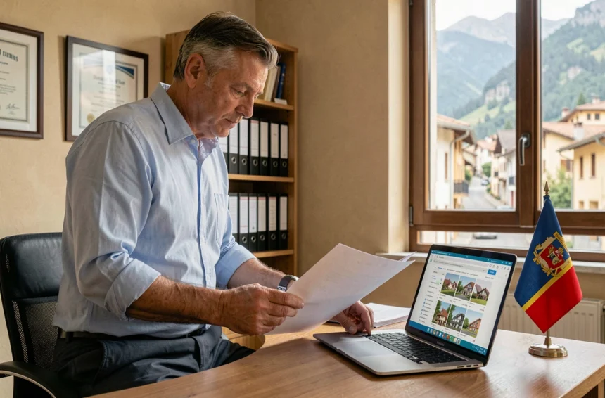 Résident français examinant des documents immobiliers dans un bureau notarial en Andorre
