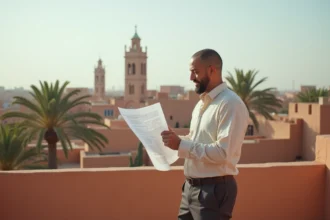 Homme consultant des plans immobiliers sur une terrasse avec vue sur les toits de la médina de Marrakech