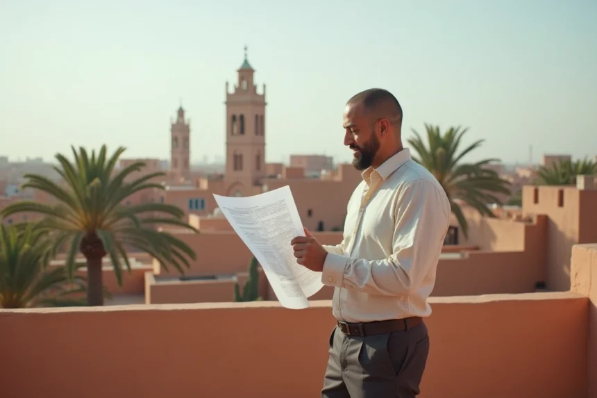 Homme consultant des plans immobiliers sur une terrasse avec vue sur les toits de la médina de Marrakech