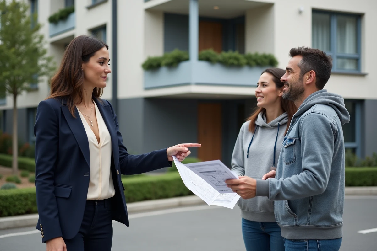 Couple visitant un appartement à vendre avec une agente immobilière dans une ville résidentielle d'Île-de-France