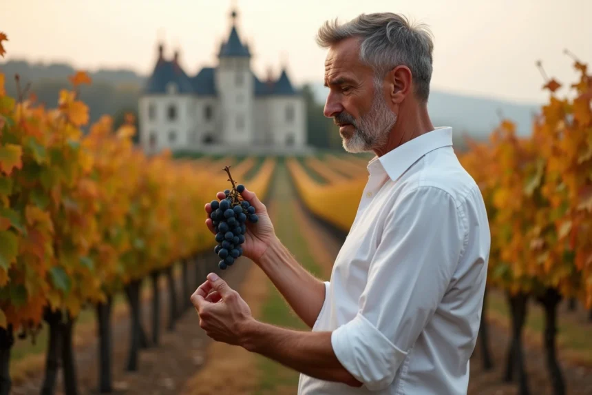 Propriétaire d'un vignoble de Bordeaux inspectant des raisins Merlot entre les rangées de vignes en automne, avec un château en arrière-plan