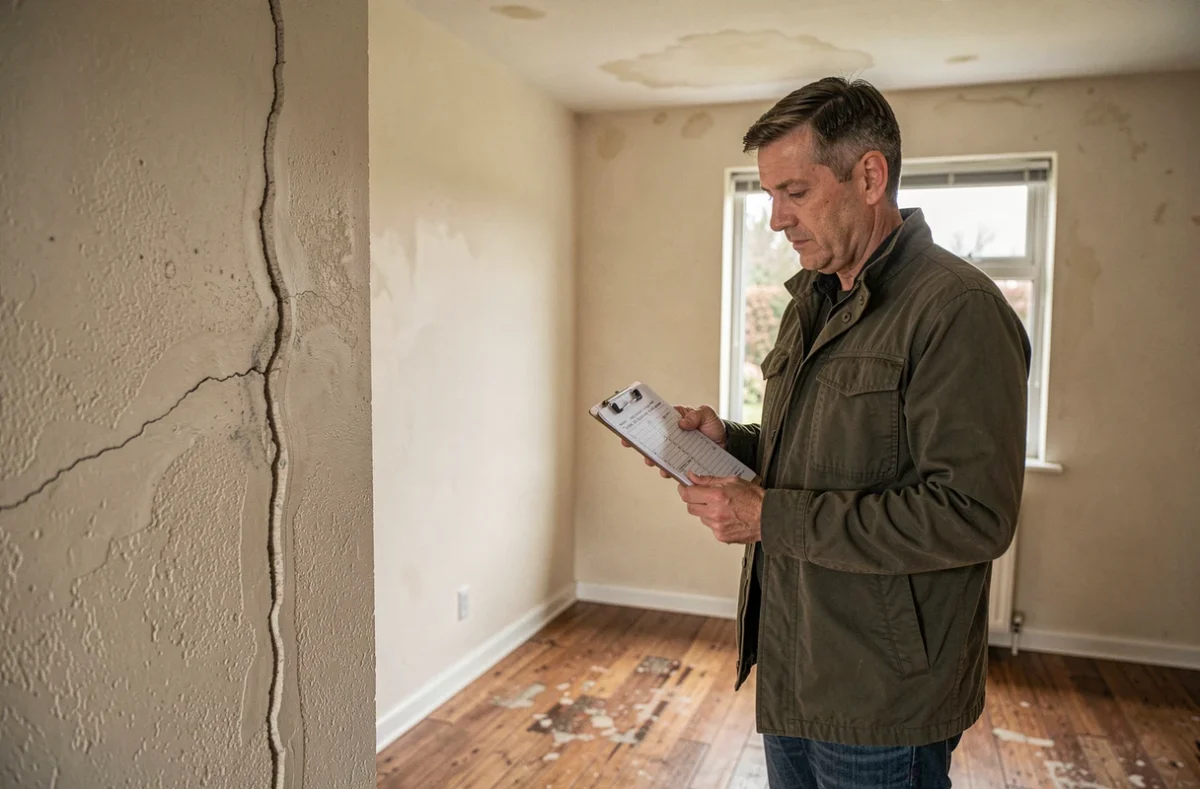Acheteur immobilier inspectant une fissure murale dans une maison vide à vendre, checklist en main, erreurs à éviter avant offre d'achat