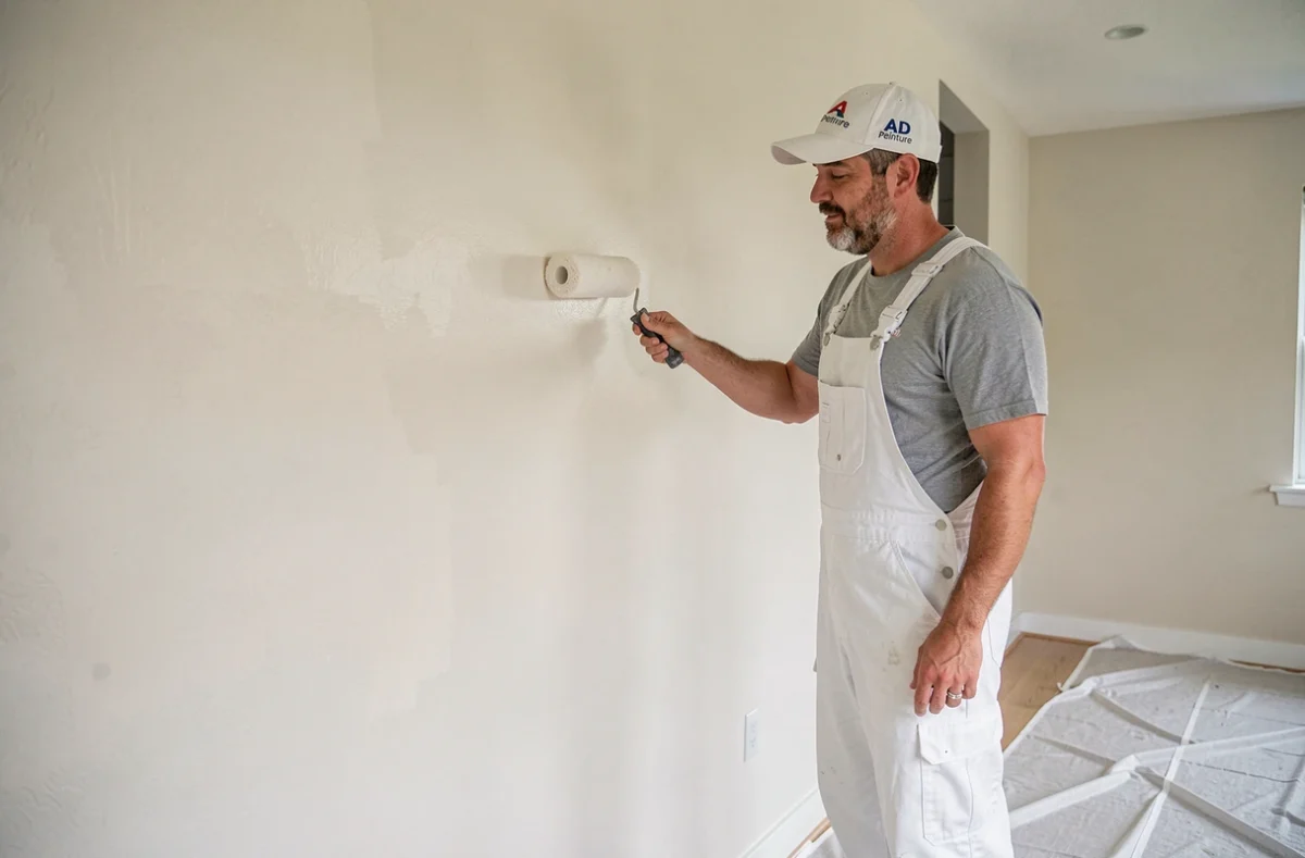 Peintre AD Peinture appliquant une peinture blanche au rouleau dans une pièce rénovée en Meurthe-et-Moselle