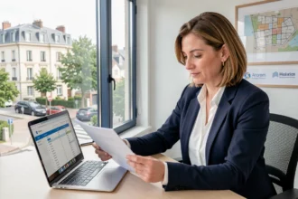 Agente immobilière professionnelle en agence de gestion locative dans les Yvelines, consultant des documents de location sur son bureau moderne