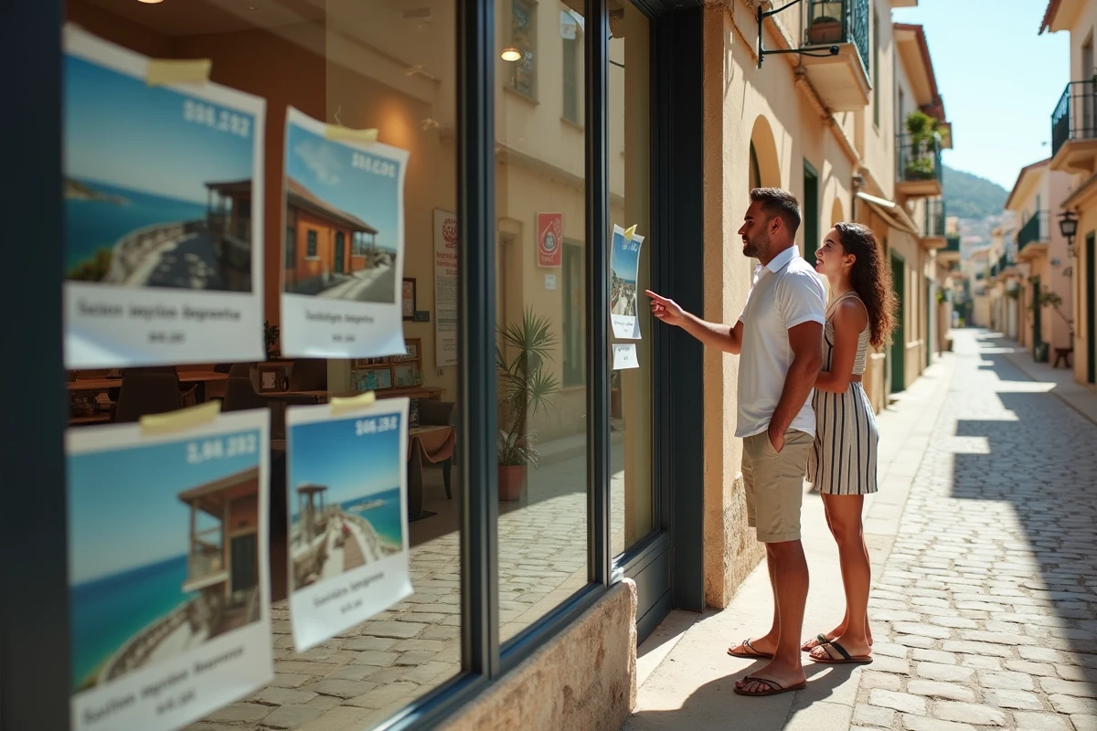 Couple devant une vitrine d'agence immobilière avec des annonces d'appartements vue mer à prix abordable