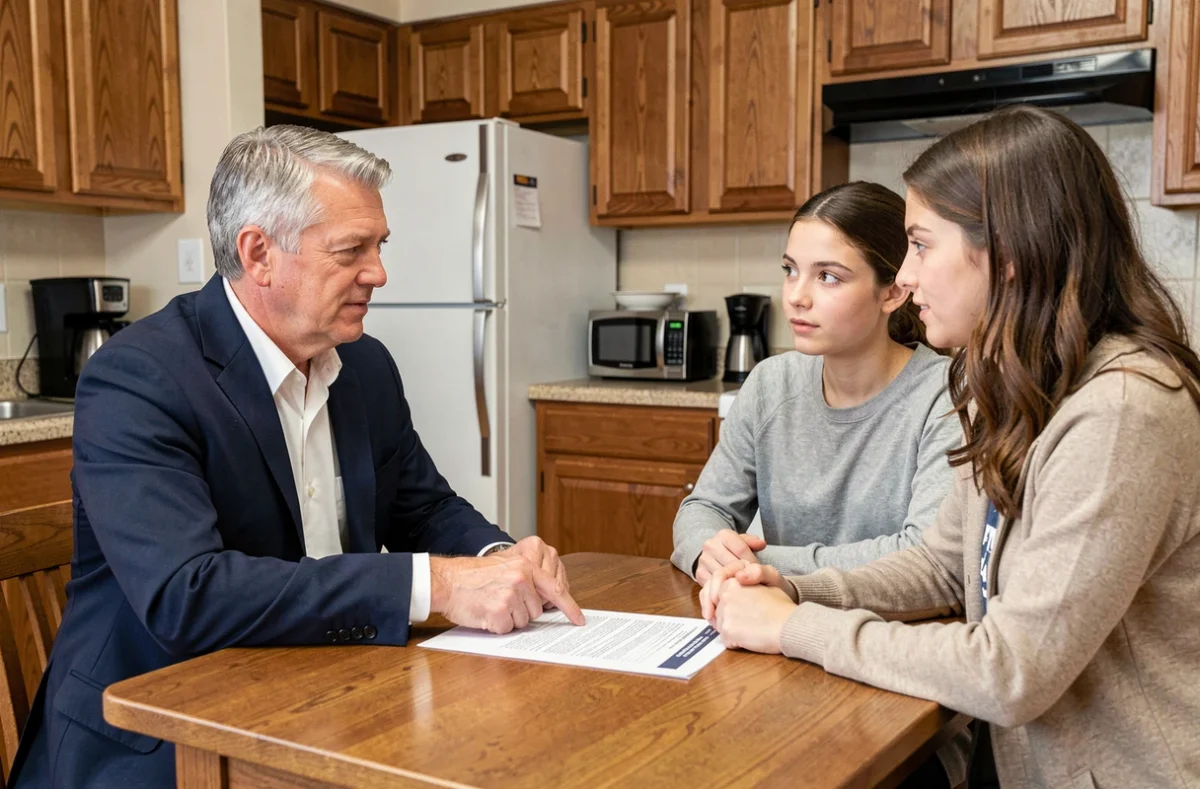 Agent d'assurance expliquant les garanties d'une assurance habitation meublée à un couple de locataires