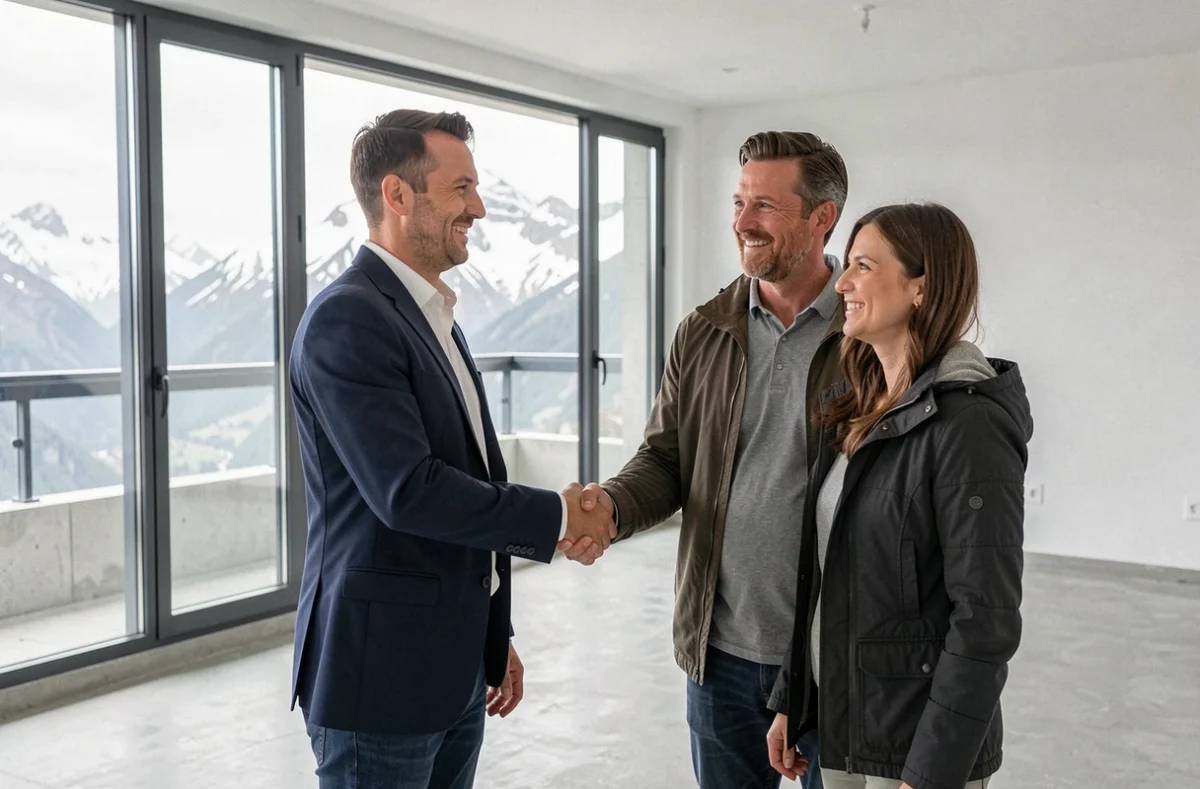Agent immobilier andorran concluant une vente avec un couple de résidents français dans un appartement neuf