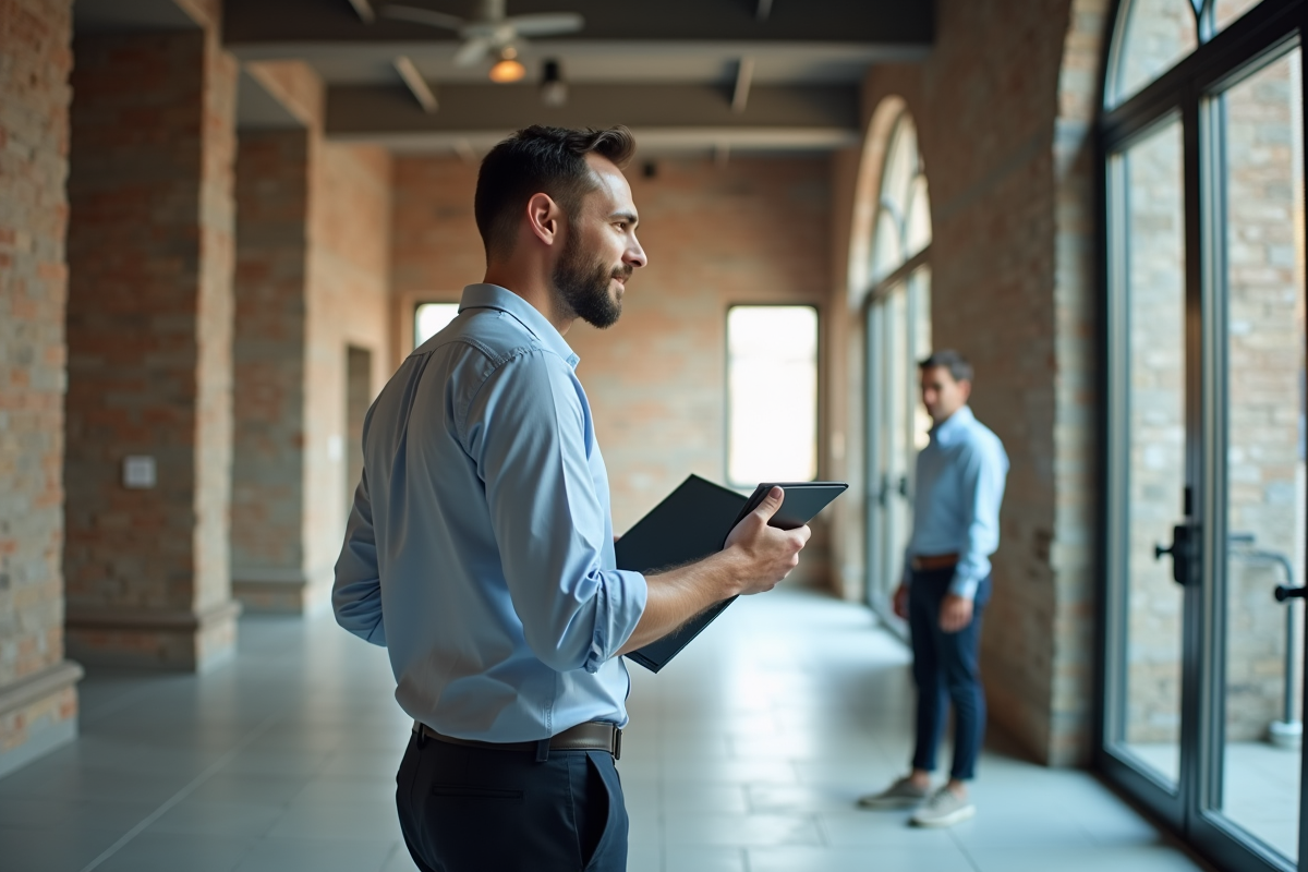 Agent immobilier montre un local commercial à un entrepreneur