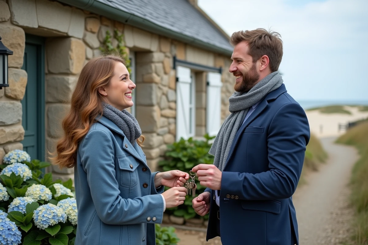 Agent immobilier remettant des clés devant une maison normande