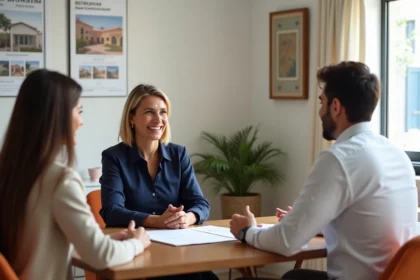 Agent immobilier discutant d'un contrat de location longue durée avec un couple à Essaouira