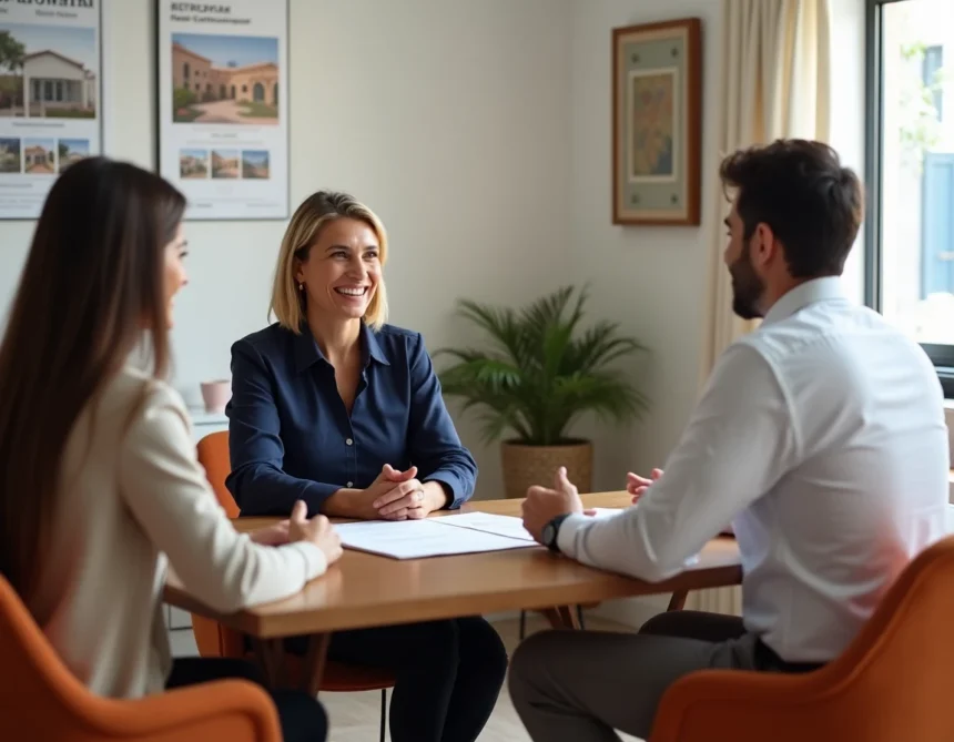 Agent immobilier discutant d'un contrat de location longue durée avec un couple à Essaouira