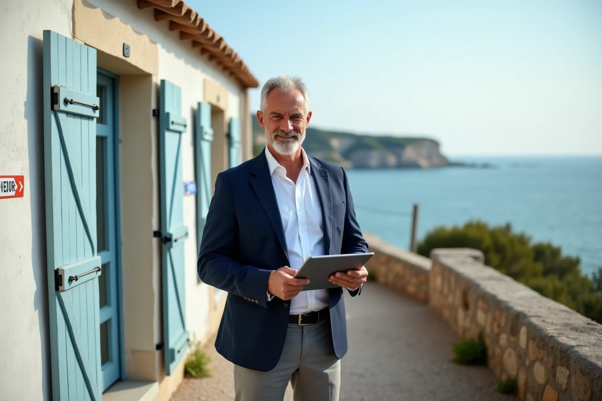 Agent immobilier devant une maison en vente en bord de mer avec panneau à vendre et vue sur les falaises côtières