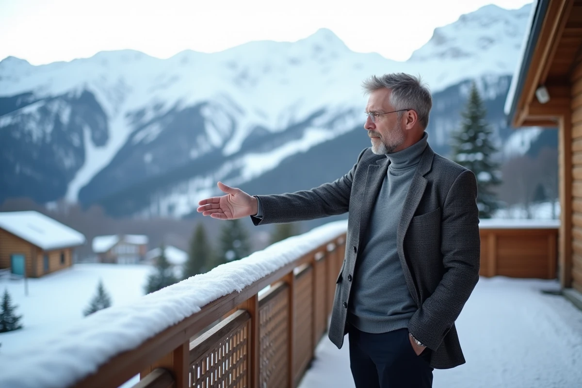 Agent immobilier présentant une propriété ski-in ski-out en altitude dans la station des Menuires avec vue panoramique sur les sommets