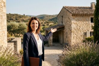 Agente immobilière de l'agence ARE Immo devant une maison en pierre typique de Saint-Martin-de-Londres dans l'Hérault