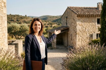 Agente immobilière de l'agence ARE Immo devant une maison en pierre typique de Saint-Martin-de-Londres dans l'Hérault