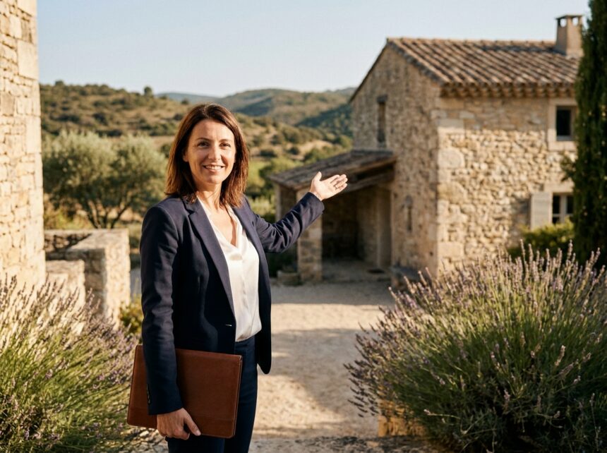 Agente immobilière de l'agence ARE Immo devant une maison en pierre typique de Saint-Martin-de-Londres dans l'Hérault