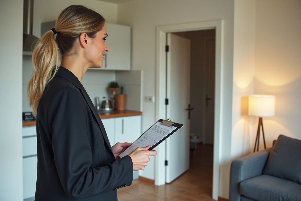 Agente immobilière présentant la chambre unique d'un appartement T2 lors d'une visite