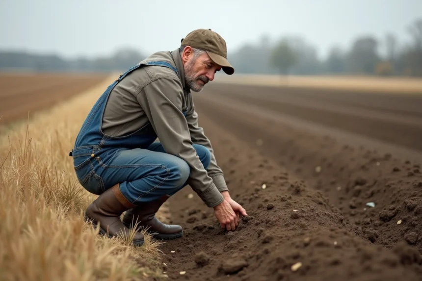 Agriculteur inspectant un terrain agricole à louer en milieu rural, examinant la qualité du sol à la main