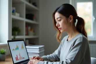 Femme analysant l'évolution des prix immobiliers sur un ordinateur portable grâce à un outil de suivi comme Castorus