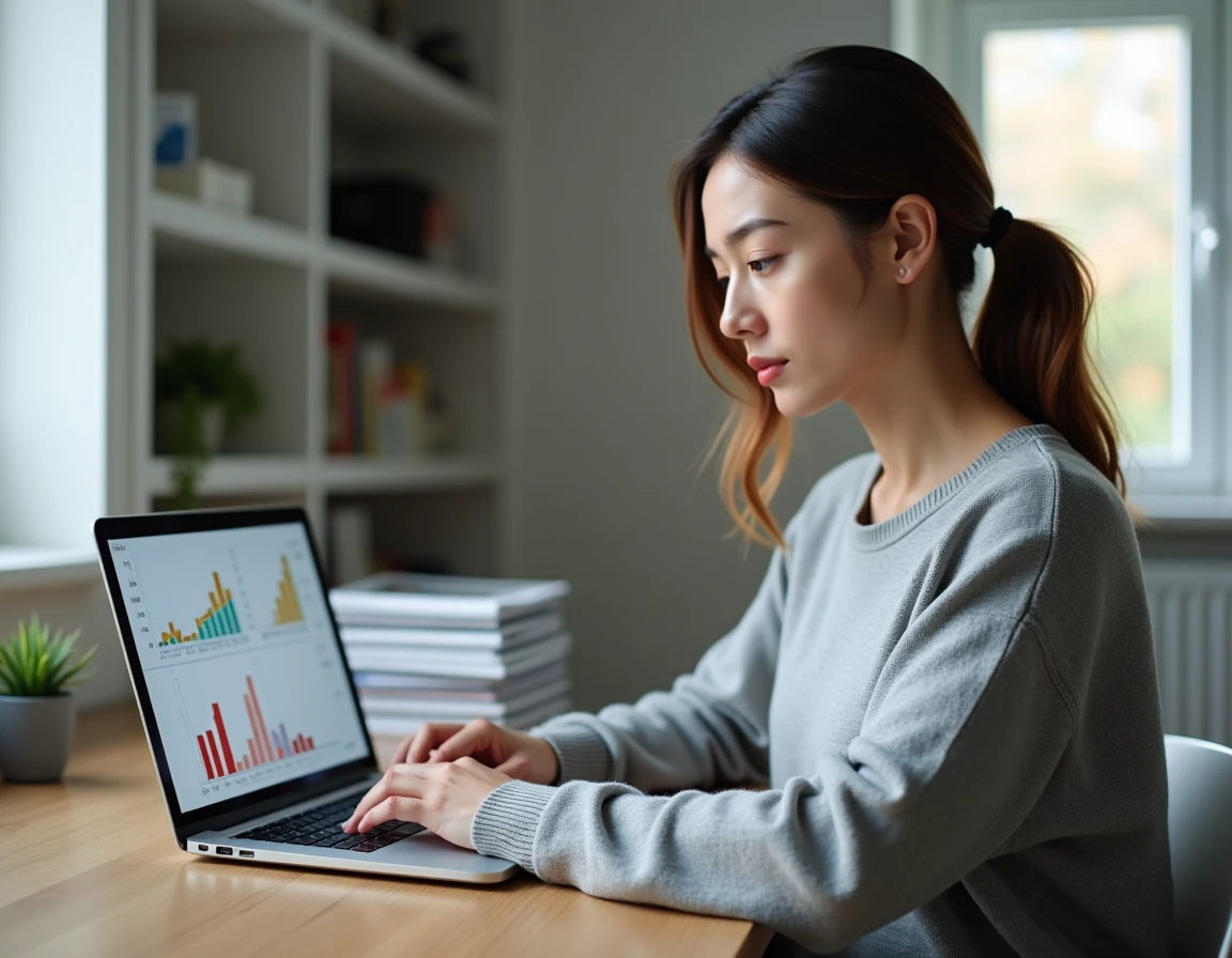 Femme analysant l'évolution des prix immobiliers sur un ordinateur portable grâce à un outil de suivi comme Castorus
