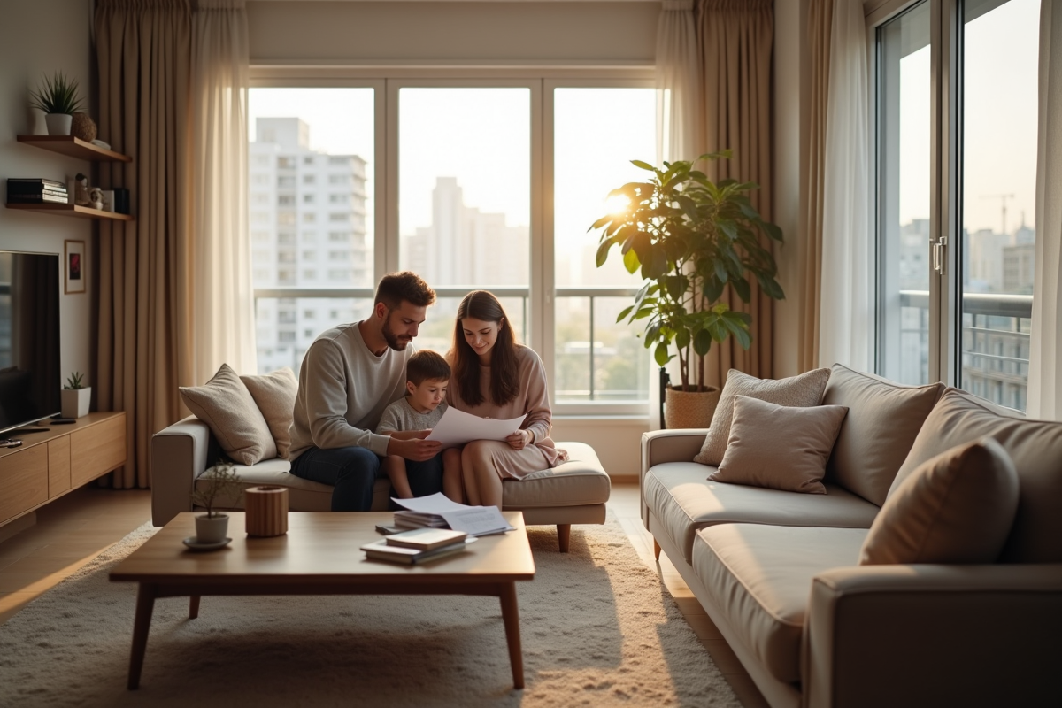 Famille dans un appartement lumineux examinant des papiers officiels