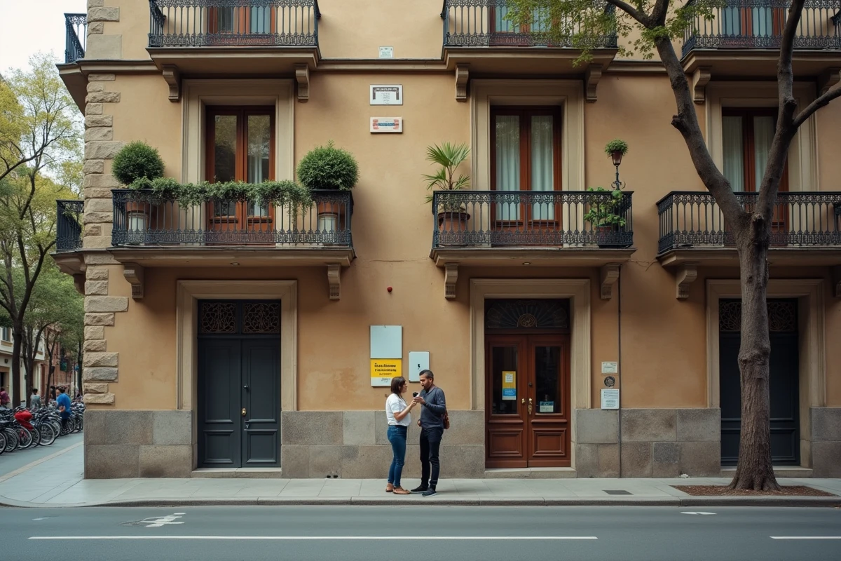 Couple cherchant un appartement à louer à Barcelone devant un immeuble de l'Eixample avec panneau de location