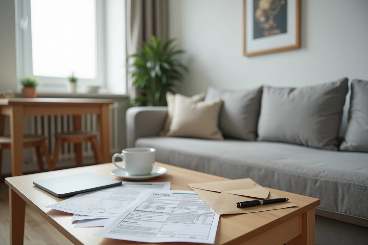 Appartement meublé en location avec des documents fiscaux sur la table basse illustrant les obligations liées à la taxe d'habitation et à la CFE