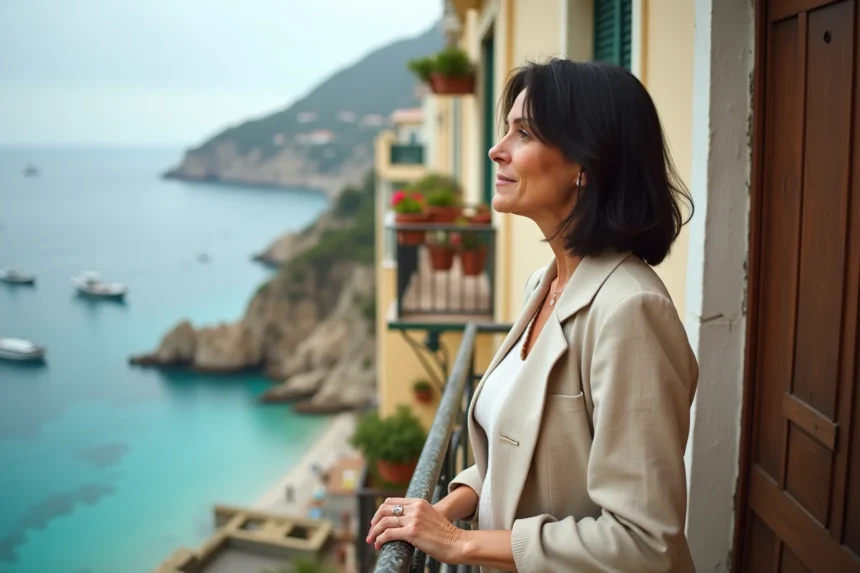 Femme sur le balcon d'un appartement vue mer abordable en bord de côte méditerranéenne