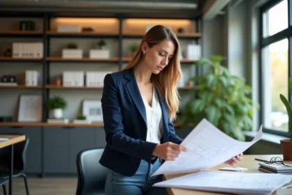 Architecte femme en bureau moderne avec plans et livres