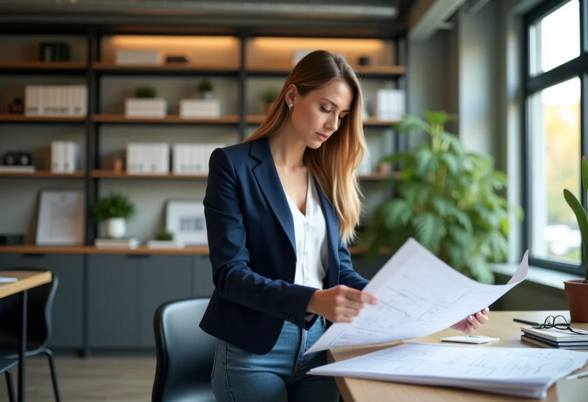 Architecte femme en bureau moderne avec plans et livres