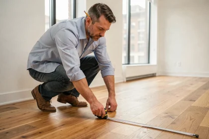 Architecte mesurant la surface d'une pièce vide avec un mètre ruban acier sur parquet, calcul en mètre carré