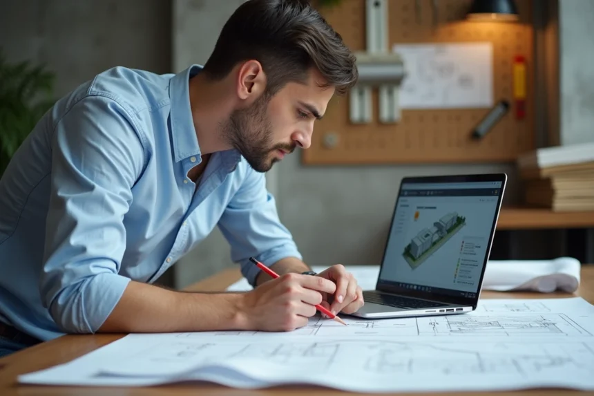 Architecte utilisant un simulateur de calcul d'emprise au sol sur ordinateur portable avec des plans architecturaux sur un bureau en bois