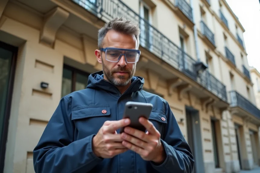 Artisan du bâtiment consultant la plateforme ChantierAccess sur smartphone devant un immeuble haussmannien parisien en rénovation