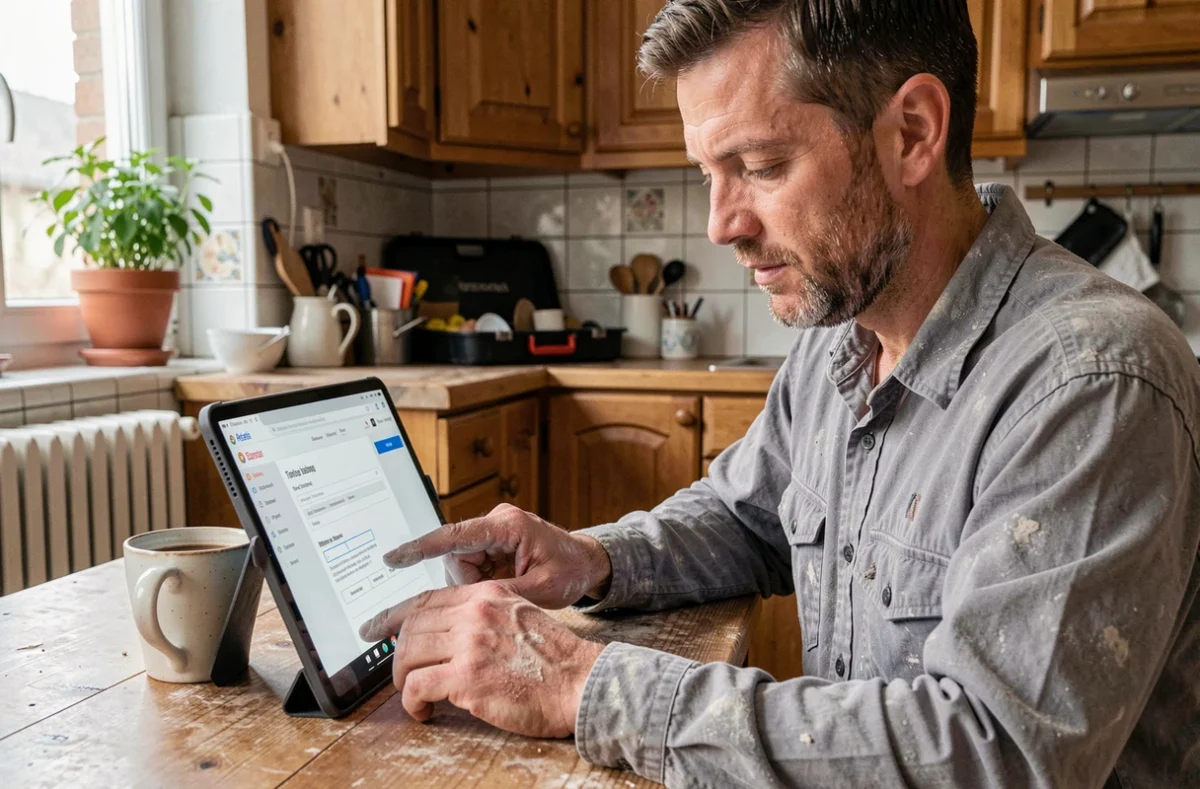 Artisan maçon remplissant un formulaire de devis assurance habitation sur une tablette dans sa cuisine