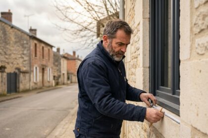 Artisan mesurant une fenêtre en aluminium gris sur la façade d'une maison en pierre au Mans