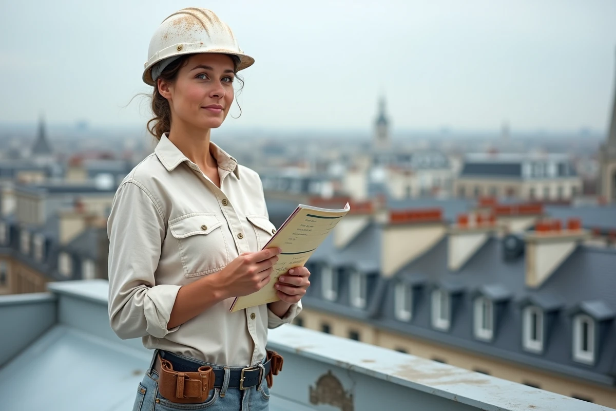 Artisane maçonne indépendante sur un chantier de toiture à Paris tenant un bon de travaux, avec les toits parisiens en arrière-plan