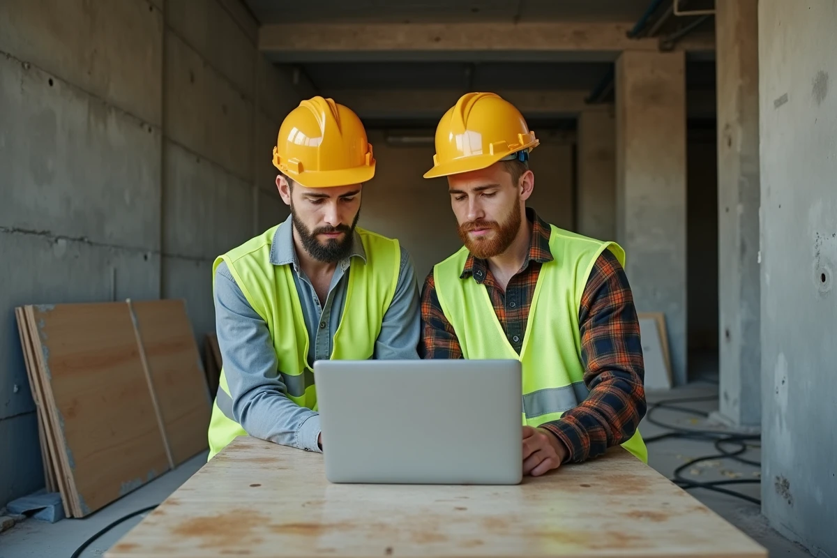 Deux artisans du bâtiment consultant des offres de chantiers sur ordinateur portable dans un appartement parisien en cours de rénovation