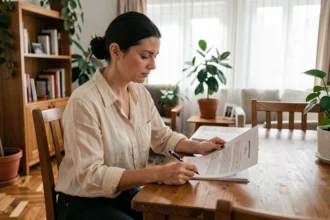 Femme en appartement meublé consultant son contrat d'assurance habitation sur une table en bois