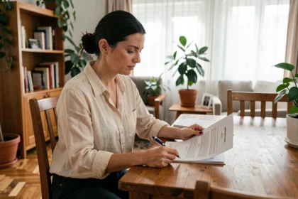 Femme en appartement meublé consultant son contrat d'assurance habitation sur une table en bois
