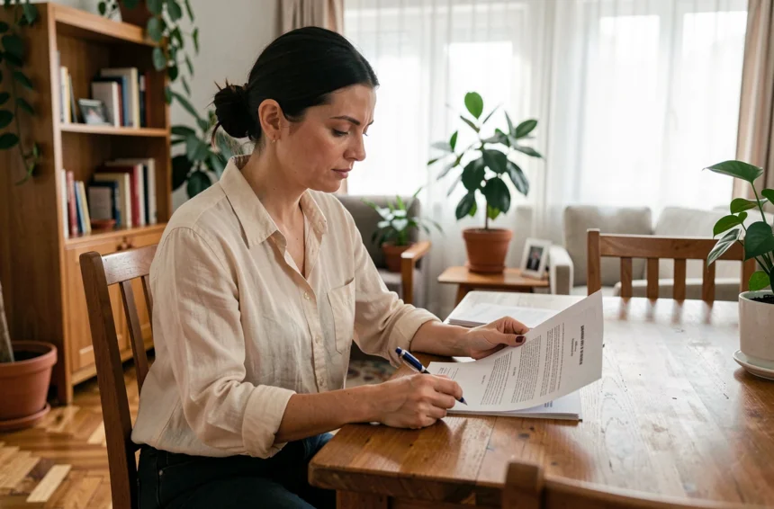 Femme en appartement meublé consultant son contrat d'assurance habitation sur une table en bois