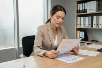 Femme consultant les documents d'attribution de location dans une agence immobilière moderne