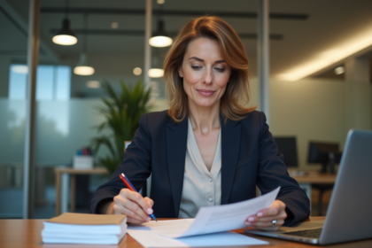 Femme d'affaires examine un contrat dans un bureau moderne