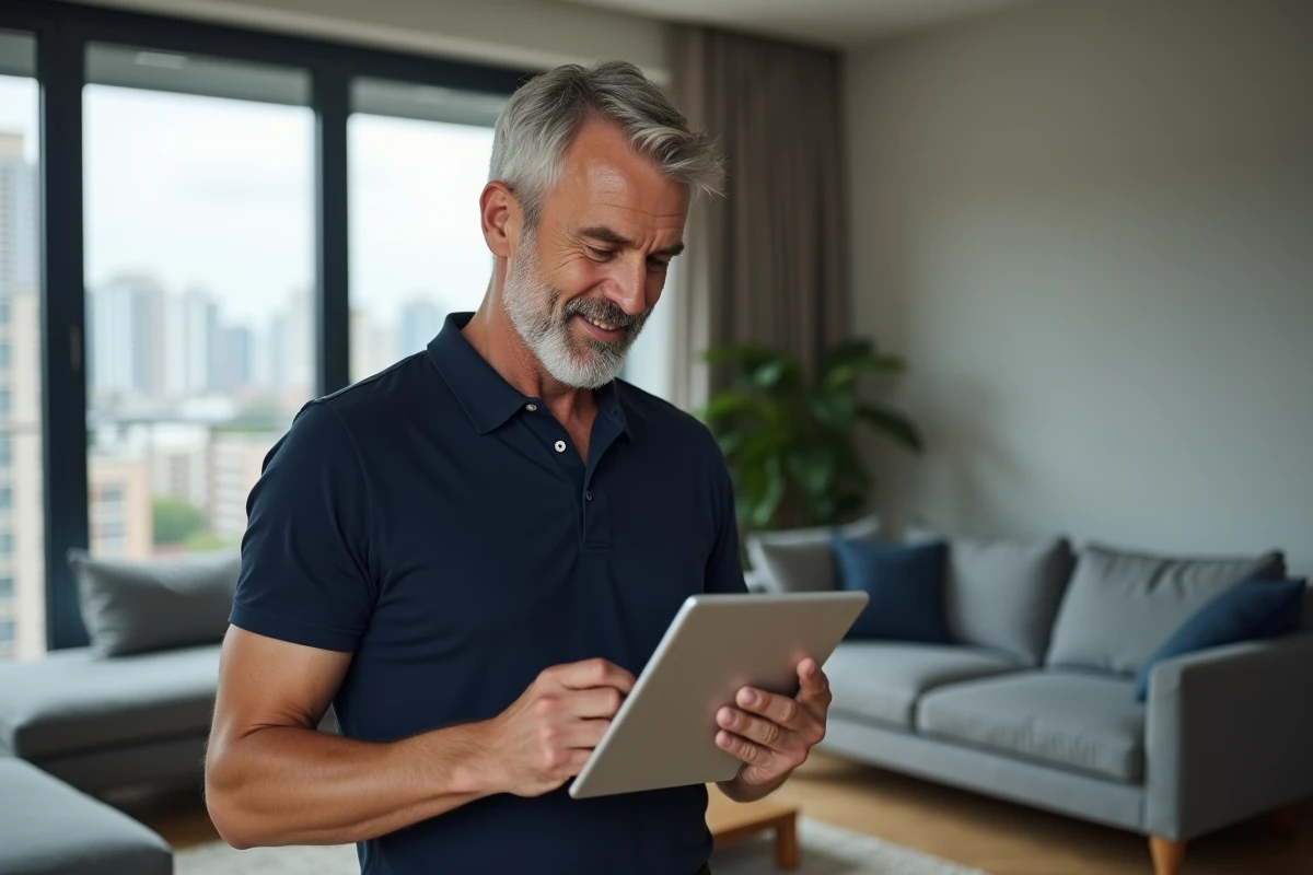 Propriétaire bailleur consultant son espace client MyFoncia sur une tablette dans son appartement