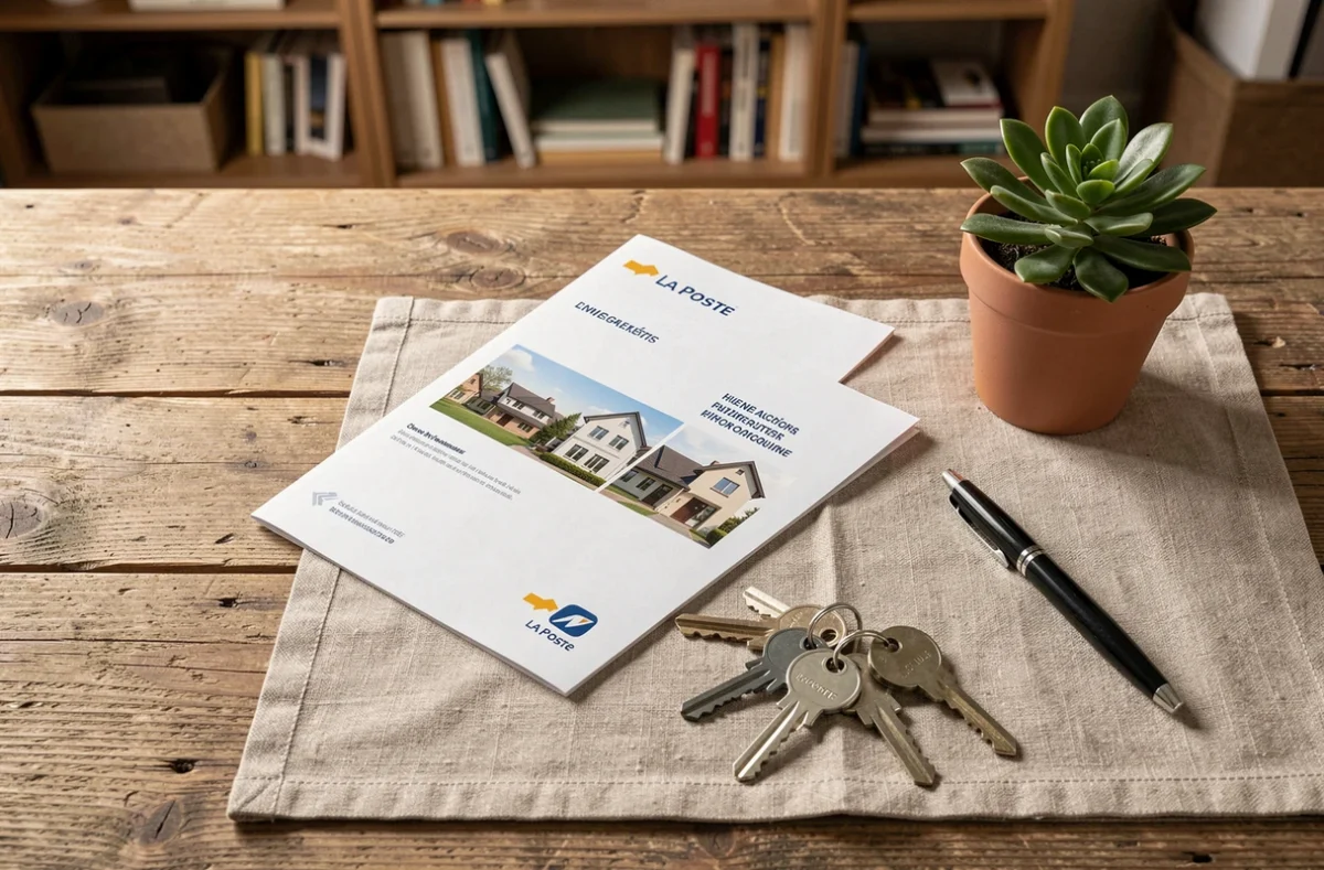 Brochure d'assurance habitation La Poste posée sur une table en bois avec des clés de maison et un stylo