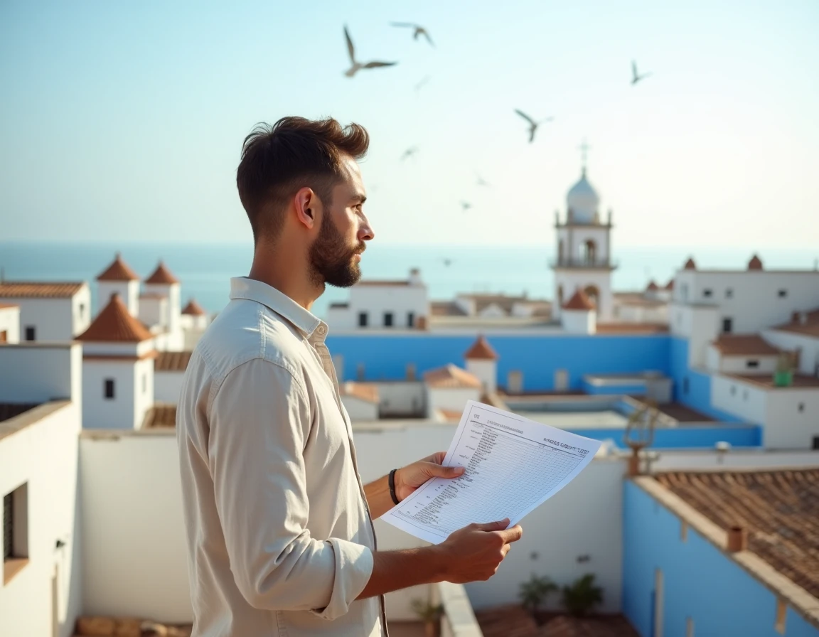 Homme consultant un budget de location longue durée sur une terrasse avec vue sur Essaouira